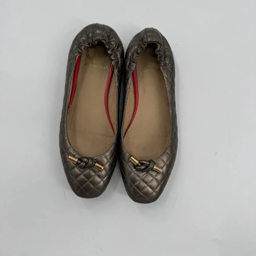 Lilly Pulitzer Quilted Bronze Ballet Flats Bow Accent & Elastic Backing Size 7